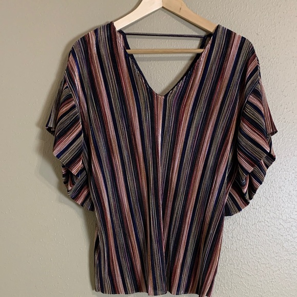 Anthropologie Vanessa Virginia Women’s Pleated Striped Metallic‎ Blouse Boho XS - Picture 2 of 8